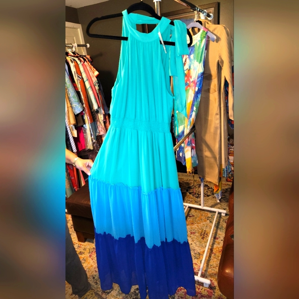 NWT Maxi Dress- New York & Company Color block Turquoise/Royal Blue/Aqua